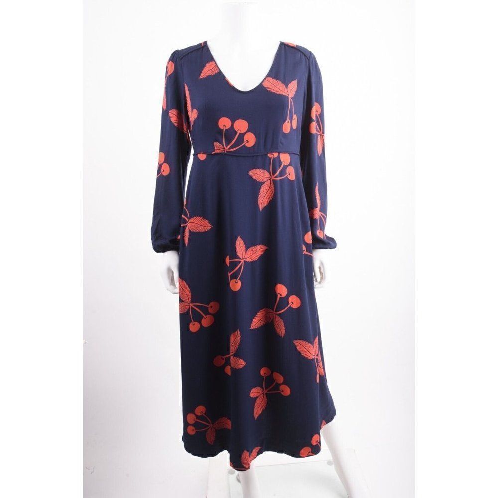 Boden Womens Tanya Midi Dress UK 8 US 4 Navy Blue Red Cherries V-Neck NWT